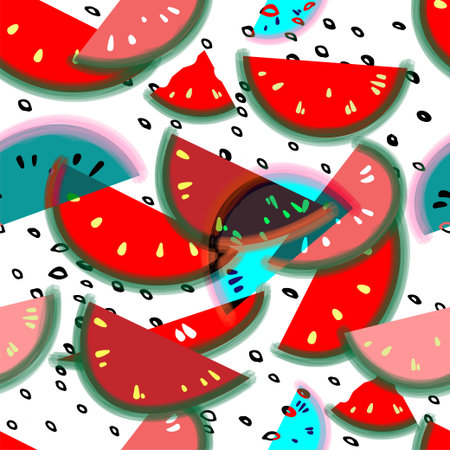Watermelon. Seamless pattern.  The season of watermelons. Bright, juicy pieces of fruit with black...
