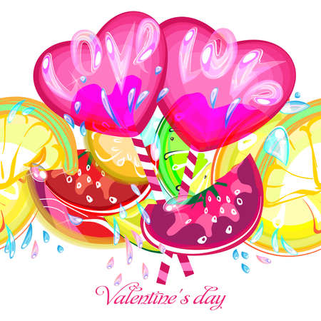 Seamless brush. Valentine's Day. Love.The freshness of sensations. Juicy colorful fruits.Drops of juice and bright color. Slices of lemon, lime, orange and exotic citrus. For decoration and printing.のイラスト素材