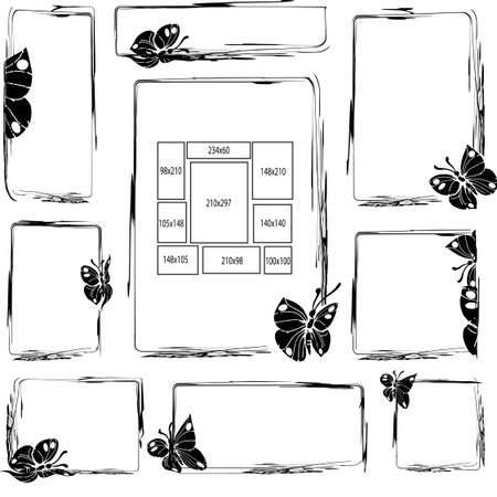 A set of frames for scrapbooking and graphic design. Black silhouette of thin lines, plants, butterflies. Rectangular, square shape.2d. Template for photos and design.Birthday, celebration, holiday, Easter, Halloween.のイラスト素材