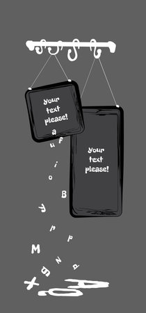 A set of black, gray chalk boards of various shapes for writing with chalk. The boards are hung on hooks and nails. Stylish graphic design. Ads, menus, information, price tags in cafes and shopsのイラスト素材