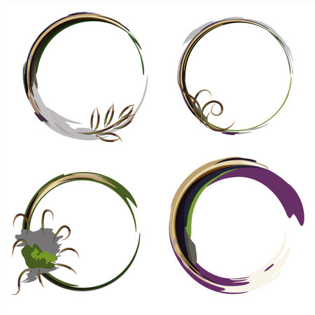 Round sublimation frame. Set, collection. Khaki art spots. To place your entry in the center.Pastel colors. Abstract drawing of rings. Chaotic brush strokes. Picturesque style.Texture chaos.のイラスト素材