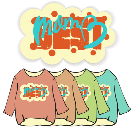 T-shirt design.Inscription.Mother The best.Sublimation drawing for clothes and dishes. A set of children's colored textiles. Bright, animated illustration.Gift, holiday, casual wear.のイラスト素材