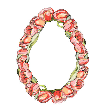 Easter frames in the shape of eggs. Seamless tulip wreaths. To decorate the holiday.Easter. Valentine's Day, Mother's Day. A religious holiday.Wedding.Pink tulip buds.Tulips on an oval.のイラスト素材