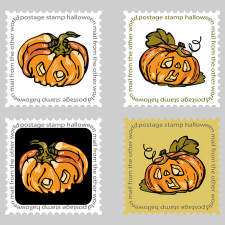 Stamps. Pumpkin for Halloween. Graphic drawing of Jack's lantern. Orange pumpkin with cutouts for eyes and mouth. Holiday, surprise, congratulations. Printing on fabric and paper. A setのイラスト素材
