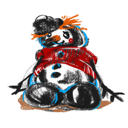 The snowman is a bright drawing.Cartoon character Emotions on the face.Christmas, winter. An unusual New Year's greeting.Graphic manual, stylish illustration. New Year's card design. Printing, stickerの写真素材