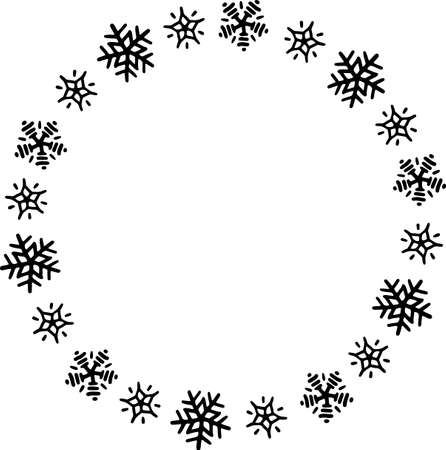 silhouettes of Christmas wreaths. Round frames. Sublimation of fir branches, snowflakes and tinsel. Christmas decorations for postcards and invitations. Black silhouettes, ornaments in a circleの写真素材