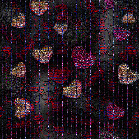 Seamless texture. Hearts.Abstract dark illustration with glitter. Richly decorated with gold and...