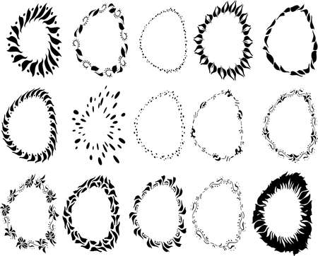 set, collection. SILHOUETTES of flower wreaths. Set, collection.Black and white ornaments. Graphic, digital drawing with black curls. Insulated round stamp.のイラスト素材