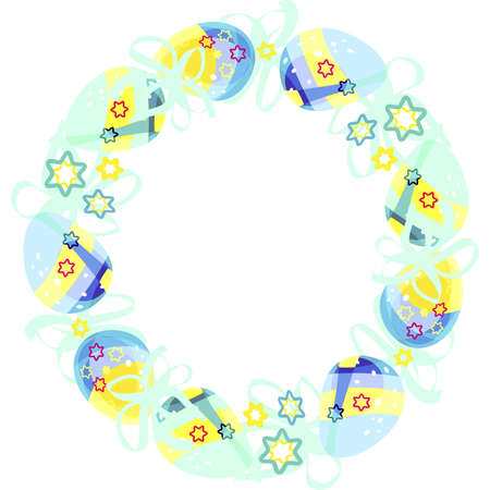 A wreath. Easter egg frame. Round sublimation of Easter colorful eggs and bows. bright cartoon picture. For the church celebration of the consecration of eggs.のイラスト素材