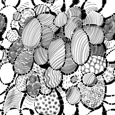 Background, Graphic black and white texture. Abstract digital drawing.Manual hatching technique.Ethnic monochrome illustration. Template for the mask.Stones.の写真素材