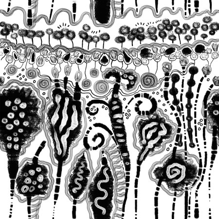 Background, Graphic black and white texture. Abstract digital drawing.Manual hatching technique.Ethnic monochrome illustration. Template for the mask.Flowers.の写真素材