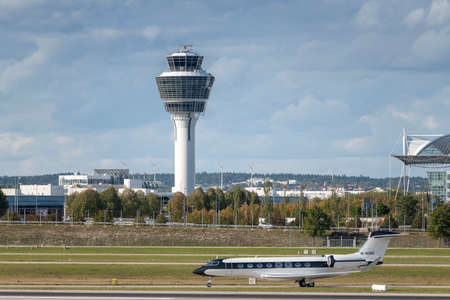 Munich, Germany - October 01. 2019: Gulfstream G650 with the aircraft registration M-NGNG is taxiing for take off on the southern runway of Munich Airport MUC EDDMのeditorial素材