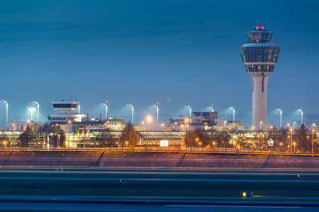 Munich Airport - MUC-EDDM - View of the southern runway with towerのeditorial素材