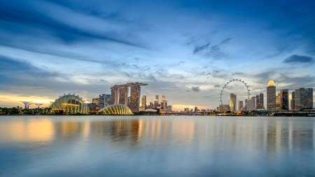 Singapore December 31, 2019: View of the downtown skyline, with the Gardens by the Bay, the Marina Bay Sands Hotel and the Singapore Flyerのeditorial素材