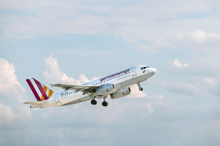 Munich, Germany - September 14th 2018: Germanwings Airbus A319-132 with the aircraft registration D-AGWL starts on the northern runway 26R at the Munich airport MUC EDDMのeditorial素材