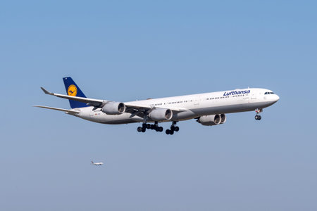 Munich, Germany - March 31. 2019: Lufthansa Airbus A340-642 with the aircraft registration D-AIHW in...