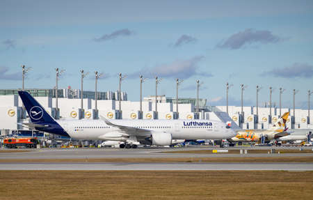 Munich, Germany - February 04. 2021: Lufthansa special flight LH2575 from Mount Pleasant on the Falkland Islands MPN lands at Munich Airport MUCのeditorial素材