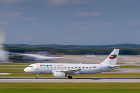 Munich, Germany - September 12. 2021: European Air Charter Airbus A320-231 with the aircraft...