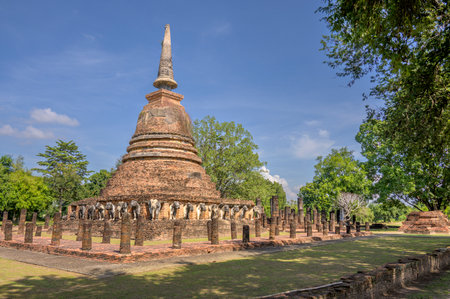 Wat Chang Lom, is a Buddhist temple complex (wat) in Sukhothai Historical Park, Sukhothai Province in the Northern Region of Thailandの写真素材