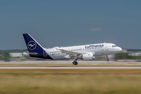 Munich, Germany - June 29. 2023 : Lufthansa Airbus A319-112 with the aircraft registration D-AIBF during landing to the southern runway 26L of the Munich Airport MUC EDDMのeditorial素材