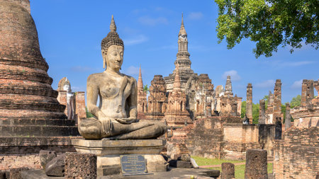 Wat Mahathat is a Buddhist temple complex (wat) in Sukhothai Historical Park, Sukhothai Province in the Northern Region of Thailandの写真素材