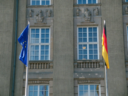 Two banners in front of a town hallのeditorial素材