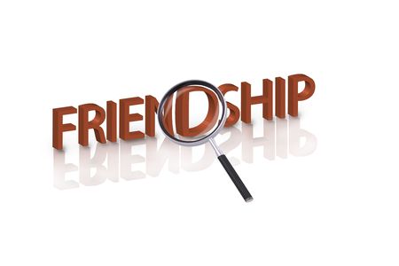 magnifying glass enlarging part of 3D word friendship in red with reflectionsの写真素材