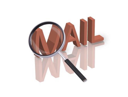 Magnifying glass enlarging part of red 3D word with reflectionの写真素材