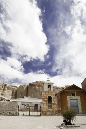 desert village with small church on Bolivian altiplano, passed during tour salar de Uyuniの写真素材
