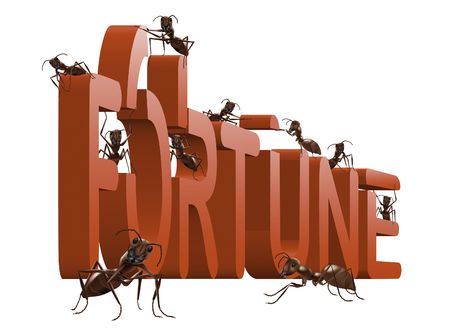 ants building red 3D word fortune isolated on white background success luck lucky winnerの写真素材