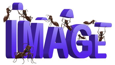 ant building word image  in large 3D word bleu text isolated on white backgroundの写真素材