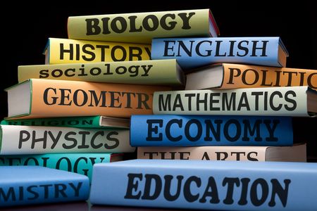 school books on a stack educational textbooks with text education leads to knowledgeの写真素材