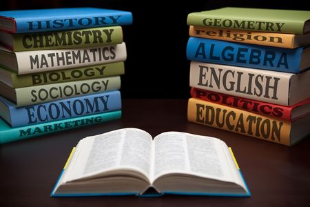 education study books with text learning building knowledge at school with healthy appleの写真素材