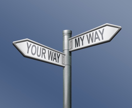 your way my way road sign on blue backgroundの写真素材