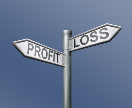 profit loss risk road sign on blue background financial risk concept gain or loss net income or deficitの写真素材