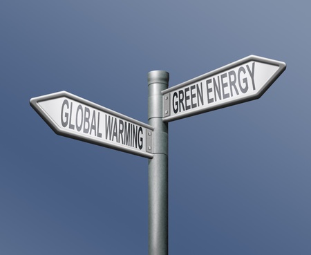 global warming or green energy road sign climate change or alternative energyの写真素材