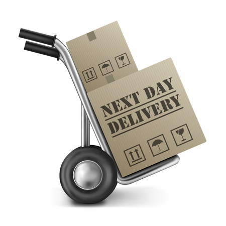 next day delivery cardboard box hand truck shipping online shopping order isolated on white background brown package sending from internet shop or storeの写真素材
