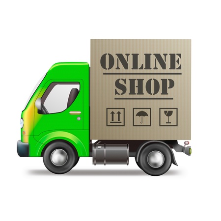 online web shop package delivery internet order shopping icon truck with cardboard boxの写真素材