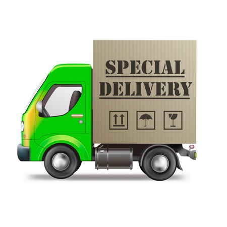 special delivery truck shipping cardboard box with urgent package from online internet web shopの写真素材
