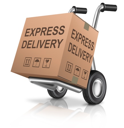 express delivery cardboard box on hand truck with text concept for order shipping of online webshop package sending for web shop commerceの写真素材