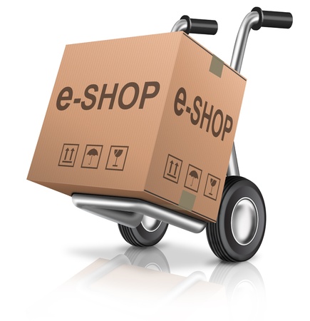 web e-shop icon online internet shopping cart concept cardboard box with text on a hand truck e-commerceの写真素材