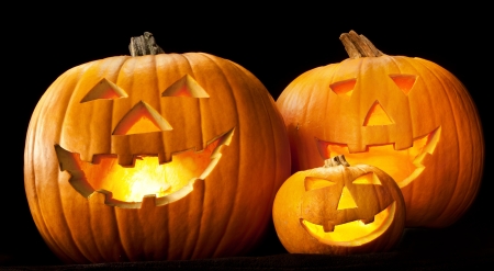 Halloween pumpkin head jack lantern with scary evil faces spooky holidayの写真素材