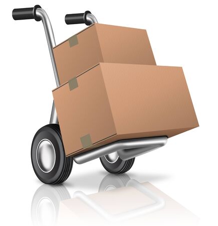 hand truck with blank cardboard box isolatedの写真素材