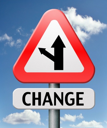 change ahead going different direction changes and improvement making thing better for the future positive evolution improve and progress to the best road sign with textの写真素材