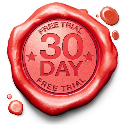 30 day free trial guarantee money back guaranteed quality and customer satisfaction red label icon or stampの写真素材