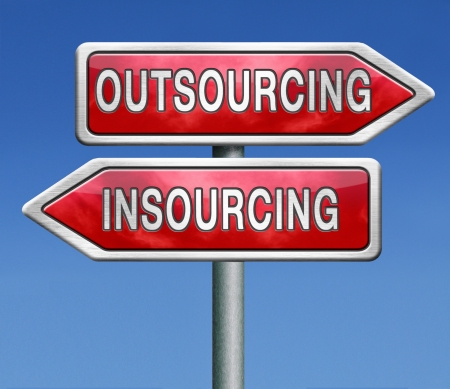 outsourcing or insourcing in house solution or external expert or expertise hiring a freelance independant employerの写真素材