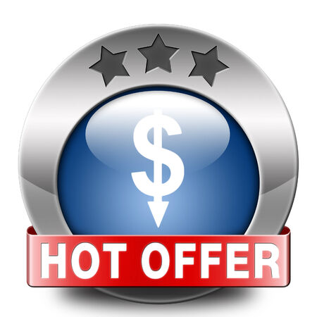 hot offer icon or sign for online internet web shop. Webshop shopping sales button announcing bargain for low and best price with the best value for you money. の写真素材