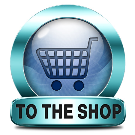 Shop now sign go to the online webshop button, internet web shopping iconの写真素材