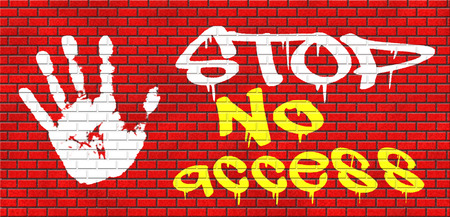 no access stop password required no entrance denied authorized personnel only restricted area grafitty on red brick wall, text and handの写真素材