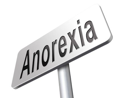 Anorexia nervosa eating disorder with under weight as symptoms needs prevention and treatment is caused by extreme dieting, diet and bulimia, road sign billboard.の写真素材